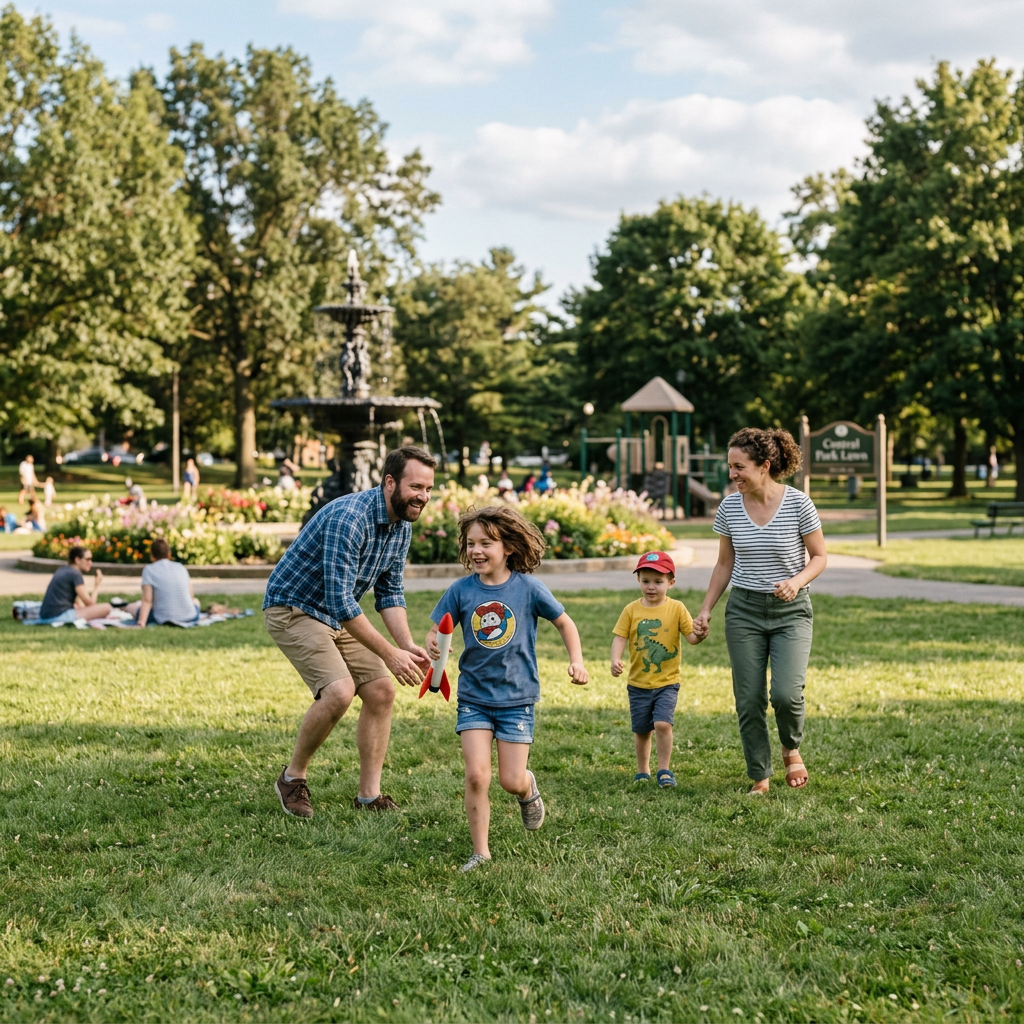 Family of four with two children running and playing in a city park with a fountain and playground in background