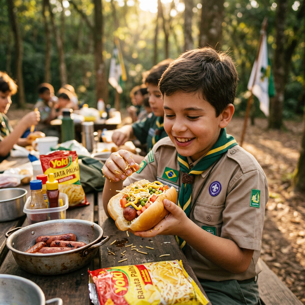 Young scout holding a hot dog beside Yoki Batata Palha packages
